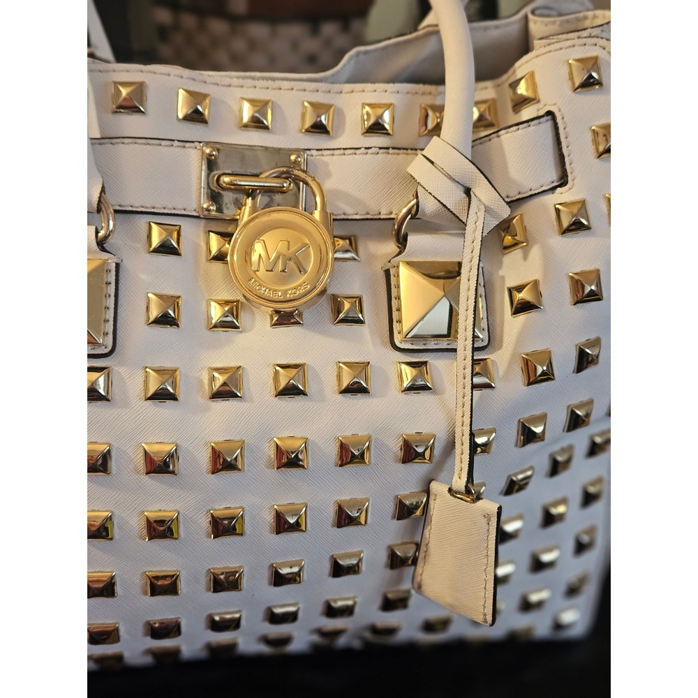 Michael Kors Hamilton Satchel White Saffiano Leather Gold Studded MK Padlock Bag - Picture 5 of 14